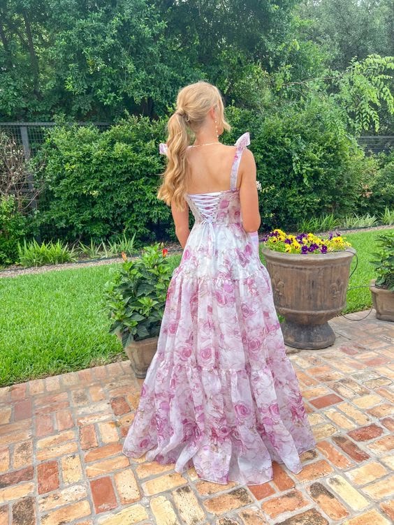 Pink Blue Sweet A Line Floral Chiffon Long Elegant Floor Length Ball