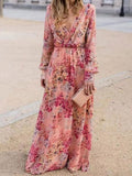 Pink Floral Print Long Sleeve Maxi Dress Pink 3Xl