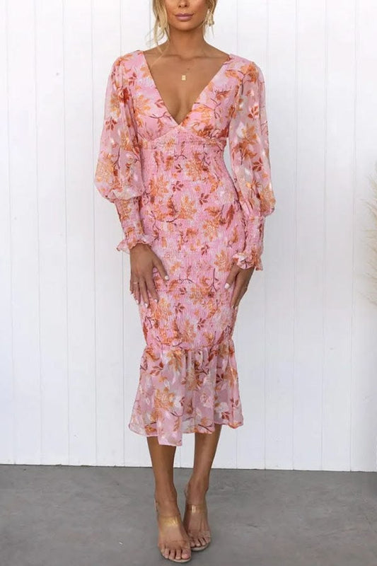 Pink Garden Gathering Floral Smocked Waist Midi Dress