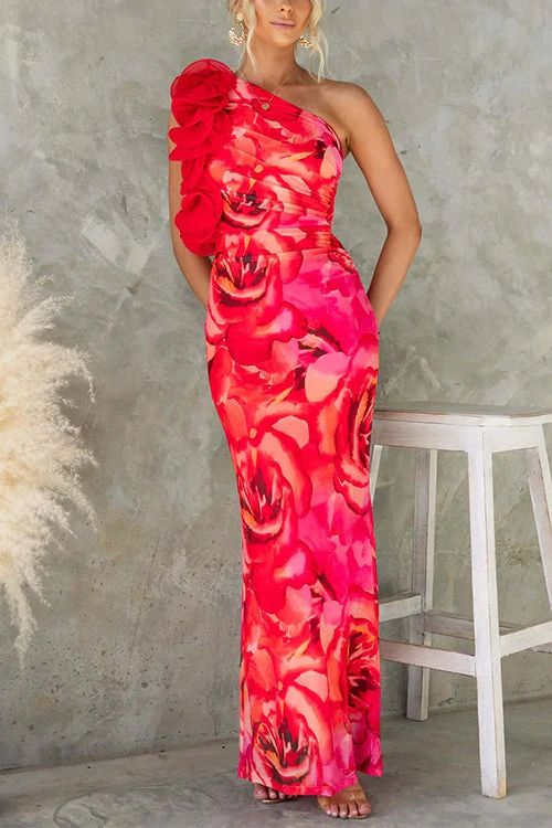 Pink Margovil Ruffle One Shoulder Floral Print Bodycon Maxi Dress