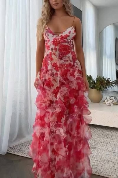Pink Oil Painting Floral Tie Backless Slit Satin Maxi Dress