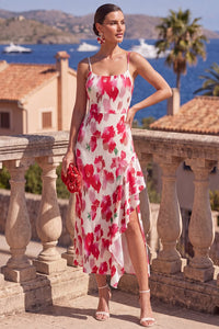 Pink Red Flower Mermaid Ruffled Long Wedding Guest Dress With Slit