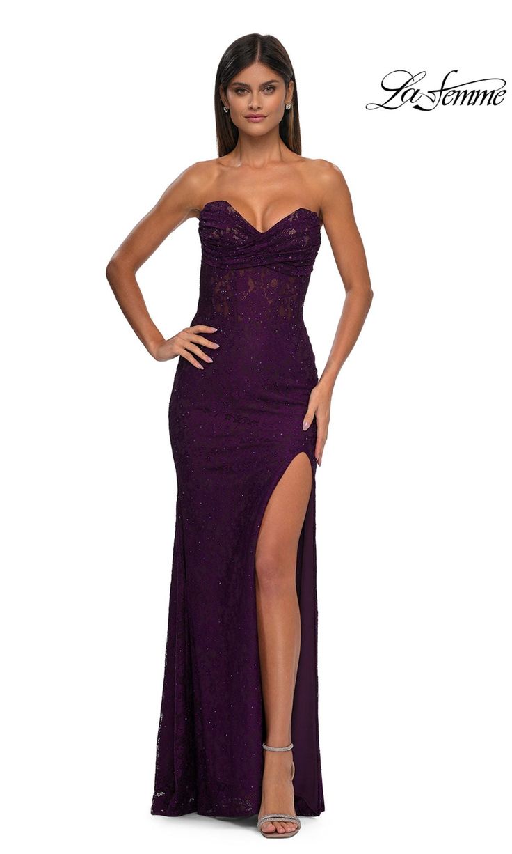 Plum Strapless Long Lace Prom Dress Dark Berry