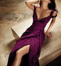 Plum Women's V Neck Evening Party Gowns Side Slit Formal Prom Dress