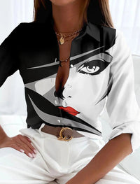 Chloe | Plus Size Button-Up Shirt Abstract Geometric Print Casual Black White