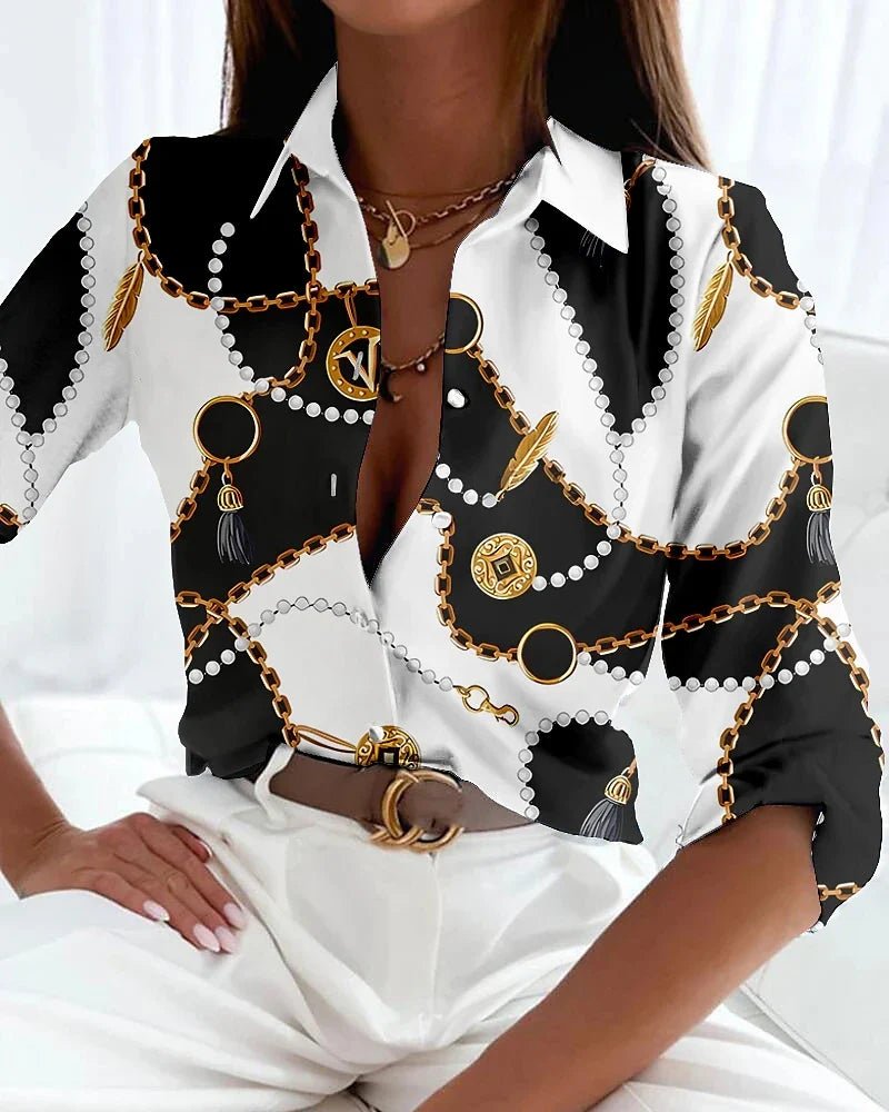 Chloe | Plus Size Button-Up Shirt Abstract Geometric Print Casual Black