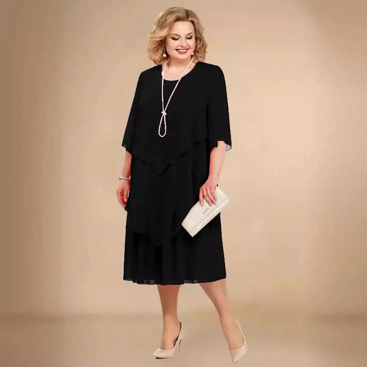 Eleanor | Plus Size Chiffon Dress Layered Asymmetrical Knee Length Black