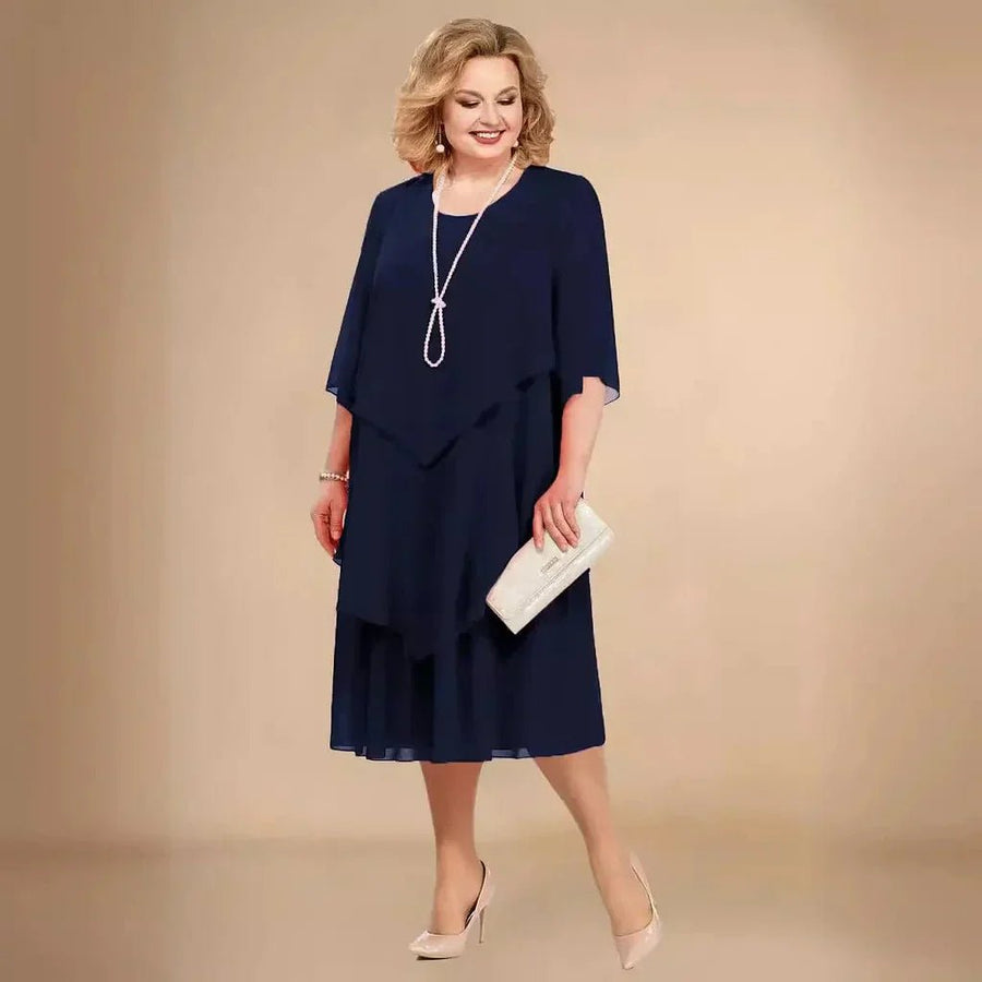 Eleanor | Plus Size Chiffon Dress Layered Asymmetrical Knee Length Navy