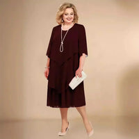 Eleanor | Plus Size Chiffon Dress Layered Asymmetrical Knee Length Dark Red
