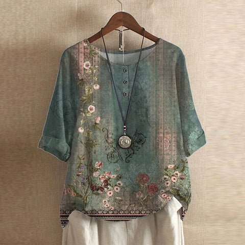 Amelia | Plus Size Floral Blouse Short Sleeve Relaxed Fit Vintage Green