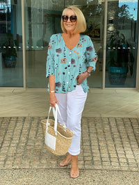 Luna | Plus Size Floral Blouse Three-Quarter Sleeve V-Neck Blue