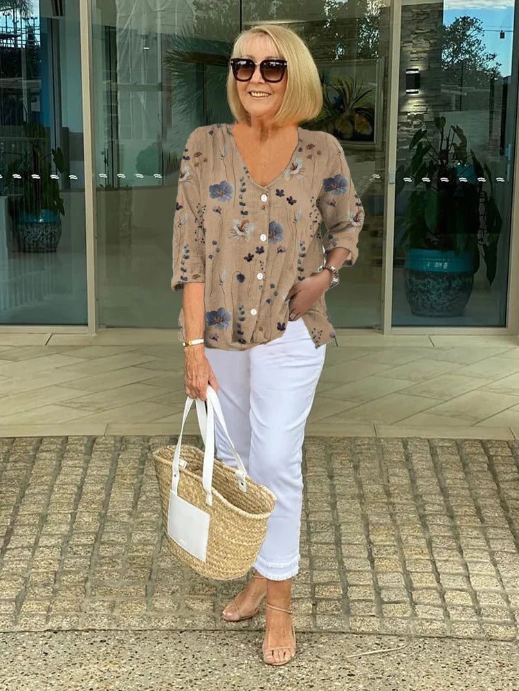Luna | Plus Size Floral Blouse Three-Quarter Sleeve V-Neck Khaki