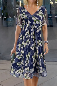 Isabella | Plus Size Floral Dress V-Neck Short Sleeve Midi A-Line Navy Blue
