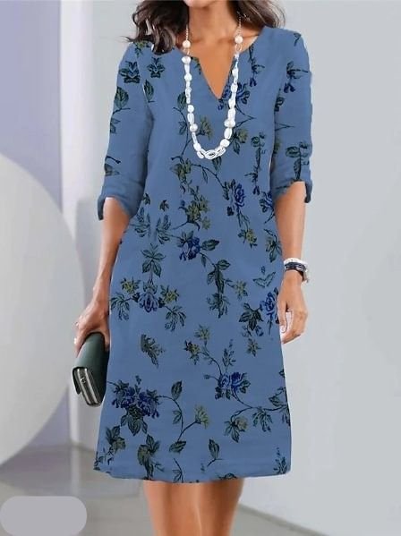 Isabella | Plus Size Floral Dress V-Neck Short Sleeve Midi A-Line Blue