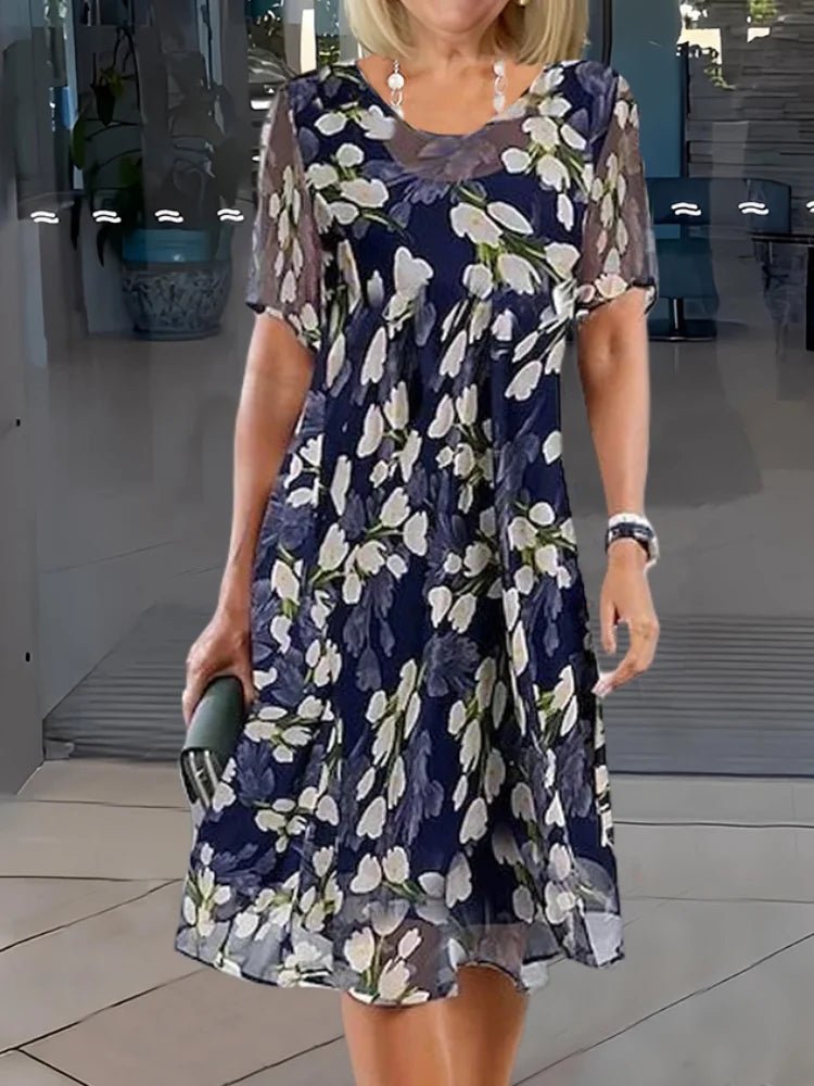Camila | Plus Size Floral Midi Dress Round Neck Short Sleeve A-Line Navy Blue