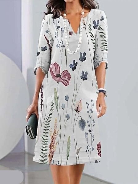 Camila | Plus Size Floral Midi Dress Round Neck Short Sleeve A-Line Off white