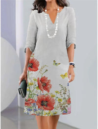 Camila | Plus Size Floral Midi Dress Round Neck Short Sleeve A-Line Light Gray
