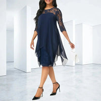 Scarlett | Plus Size Lace Chiffon Dress Quarter Sleeve Asymmetrical Navy Blue
