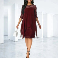 Scarlett | Plus Size Lace Chiffon Dress Quarter Sleeve Asymmetrical Burgundy
