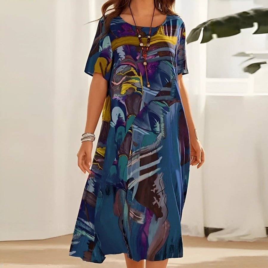Luna | Plus Size Maxi Dress Short Sleeve Abstract Print Casual Blue