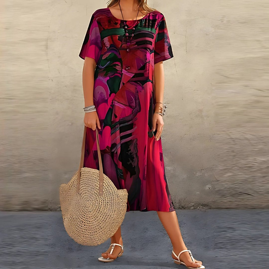 Luna | Plus Size Maxi Dress Short Sleeve Abstract Print Casual Red