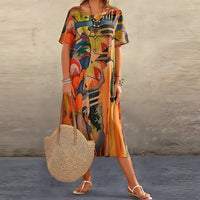 Luna | Plus Size Maxi Dress Short Sleeve Abstract Print Casual Orange