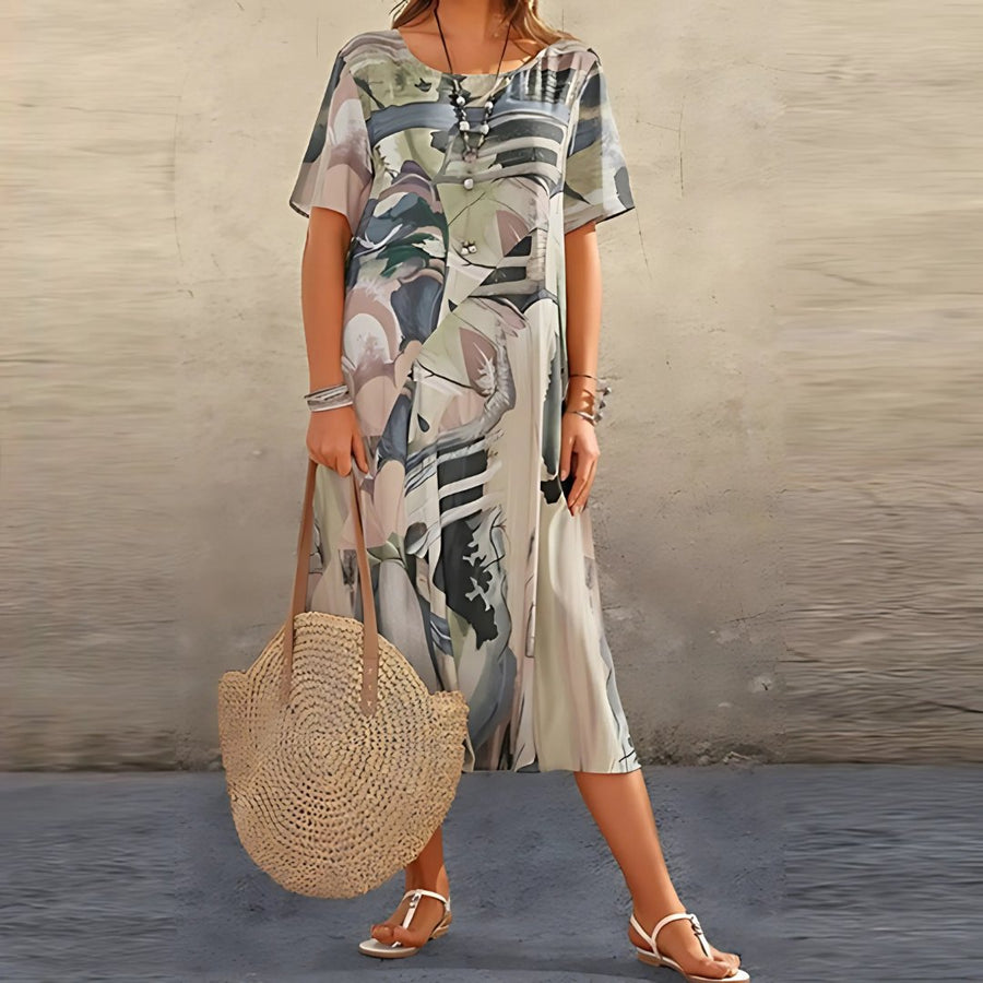 Luna | Plus Size Maxi Dress Short Sleeve Abstract Print Casual Grey