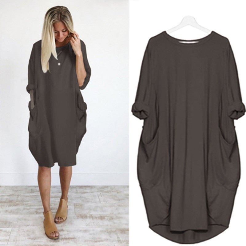 Chloe | Plus Size Midi Dress with Pockets Oversized Casual Comfort Dark Brown