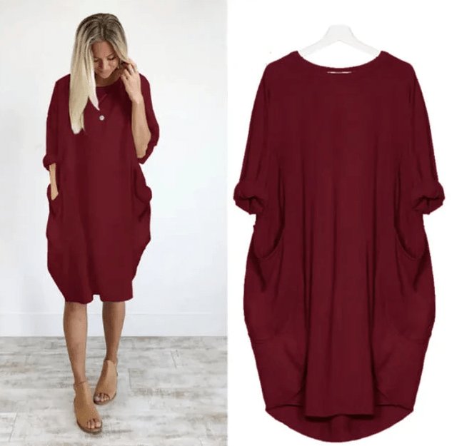 Chloe | Plus Size Midi Dress with Pockets Oversized Casual Comfort Dark Red