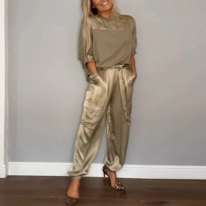 Charlotte | Plus Size Two Piece Set Cargo Pants Drawstring Utility Gold