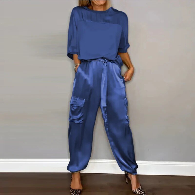 Charlotte | Plus Size Two Piece Set Cargo Pants Drawstring Utility Blue