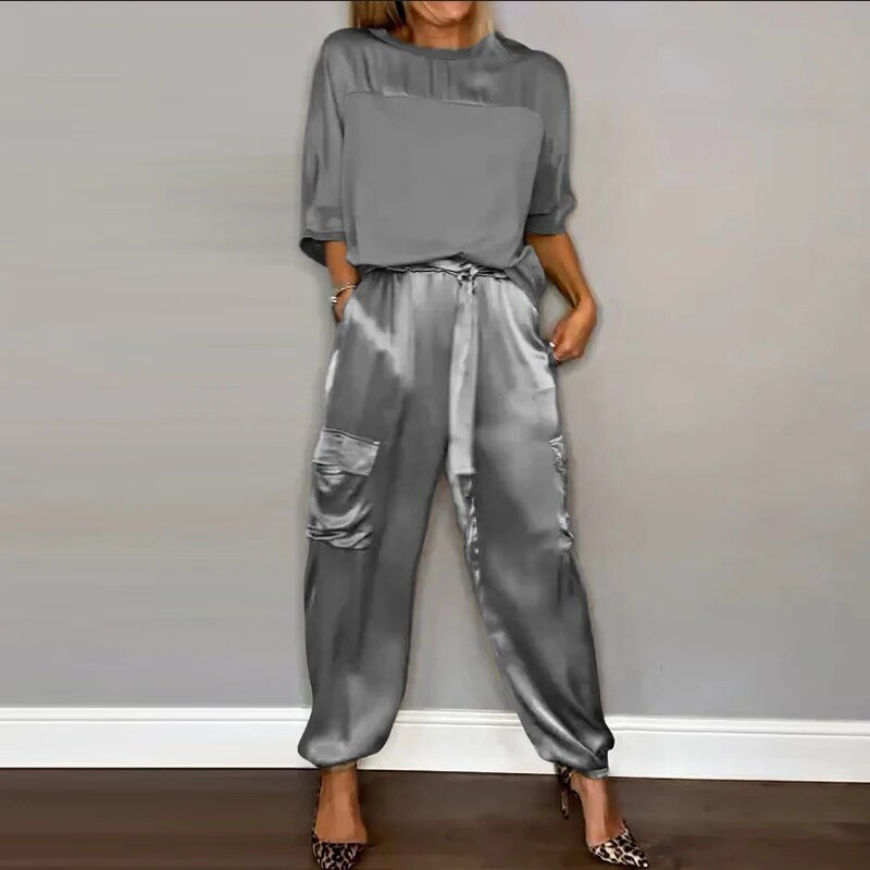 Charlotte | Plus Size Two Piece Set Cargo Pants Drawstring Utility Grey