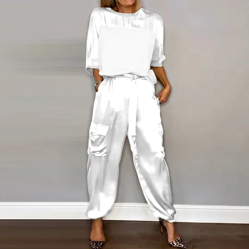 Charlotte | Plus Size Two Piece Set Cargo Pants Drawstring Utility White