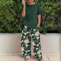 Madison | Plus Size Two-Piece Set Floral Wide-Leg Pants Relaxed Top Forest Green