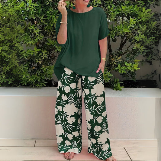 Madison | Plus Size Two-Piece Set Floral Wide-Leg Pants Relaxed Top Forest Green
