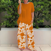Madison | Plus Size Two-Piece Set Floral Wide-Leg Pants Relaxed Top Mandarin Orange