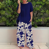 Madison | Plus Size Two-Piece Set Floral Wide-Leg Pants Relaxed Top Navy Blue