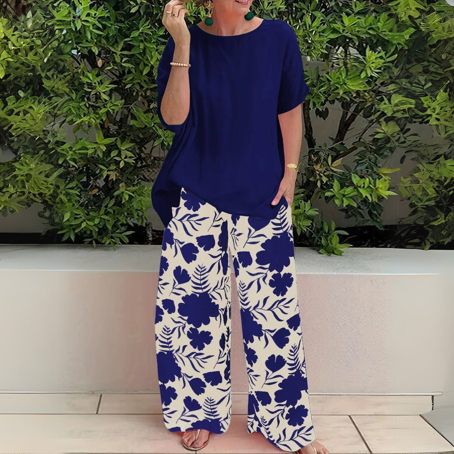 Madison | Plus Size Two-Piece Set Floral Wide-Leg Pants Relaxed Top Navy Blue