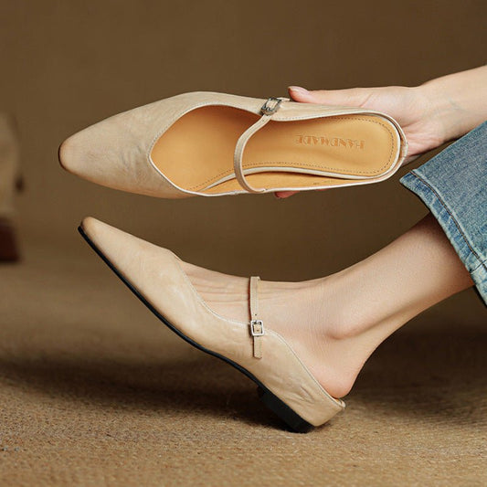 Layla | Pointed Toe Mules Genuine Leather Mary Jane Strap Beige