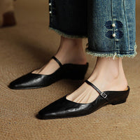 Layla | Pointed Toe Mules Genuine Leather Mary Jane Strap Black
