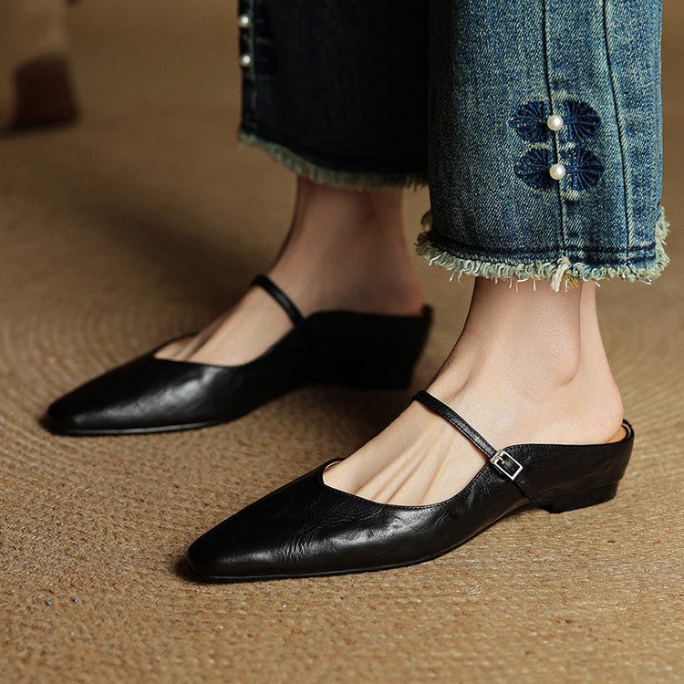Layla | Pointed Toe Mules Genuine Leather Mary Jane Strap Black