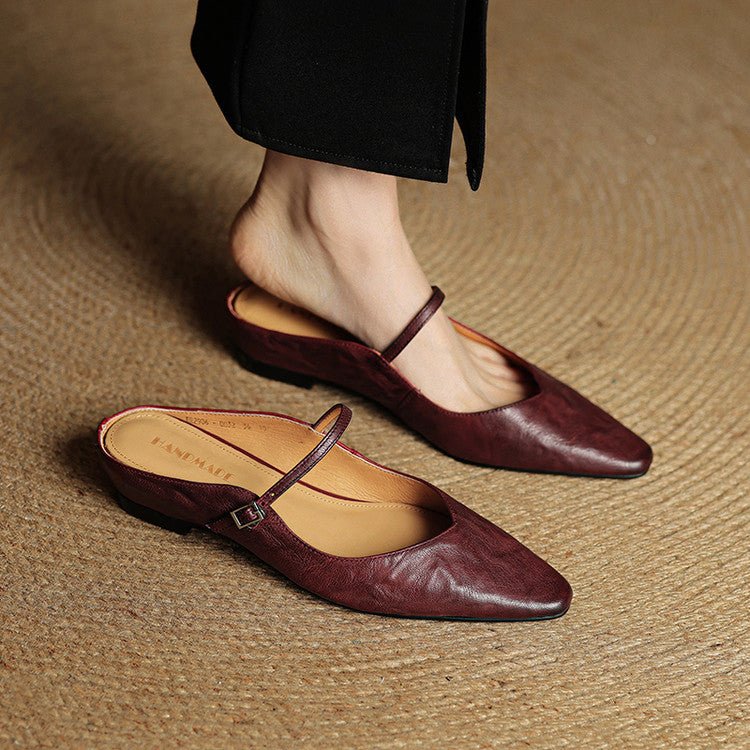 Layla | Pointed Toe Mules Genuine Leather Mary Jane Strap Maroon