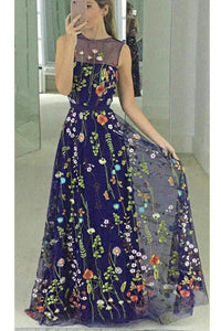 Jewel Neck A-line Sleeveless Prom Dress with Embroidery Flowers