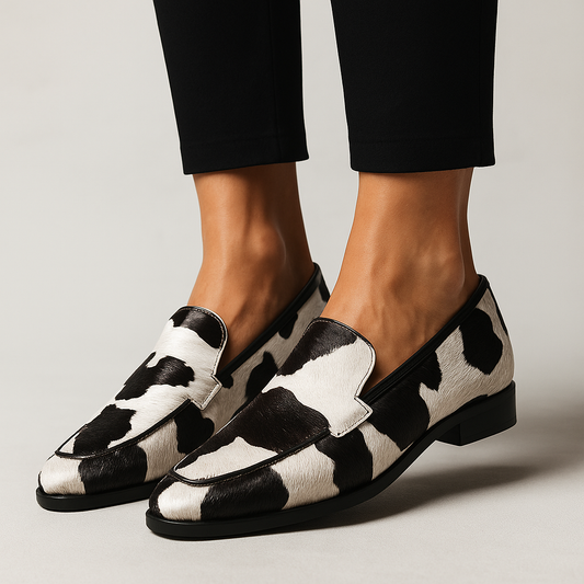 Portia | Women's Cow Print Slip On Loafers