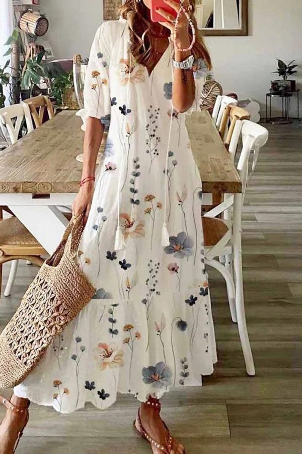 Florence | Women's Boho Floral Short Sleeve Maxi Dress Floral White
