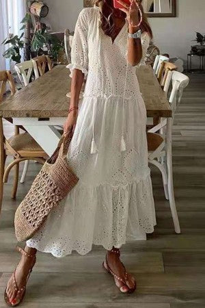 Florence | Women's Boho Floral Short Sleeve Maxi Dress White