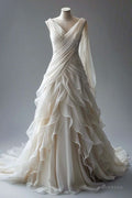 Princess Ball Gown V Neckline Pleats White Chiffon Wedding Dress