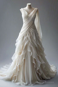 Princess Ball Gown V Neckline Pleats White Chiffon Wedding Dress