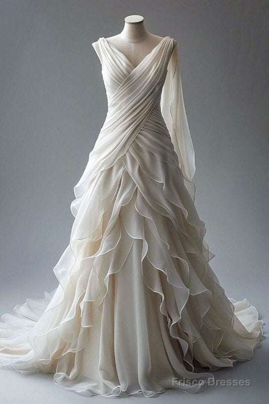 Princess Ball Gown V Neckline Pleats White Chiffon Wedding Dress