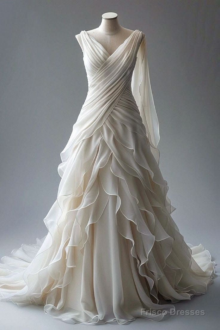 Princess Ball Gown V Neckline Pleats White Chiffon Wedding Dress